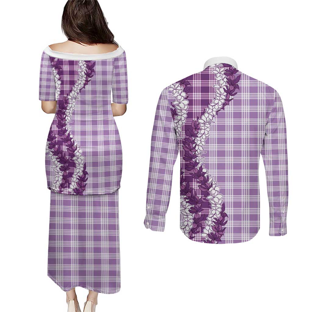 Violet Hawaii Palaka Couples Matching Puletasi and Long Sleeve Button Shirt Hawaiian Honohono Lei