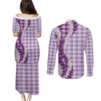Violet Hawaii Palaka Couples Matching Puletasi and Long Sleeve Button Shirt Hawaiian Honohono Lei