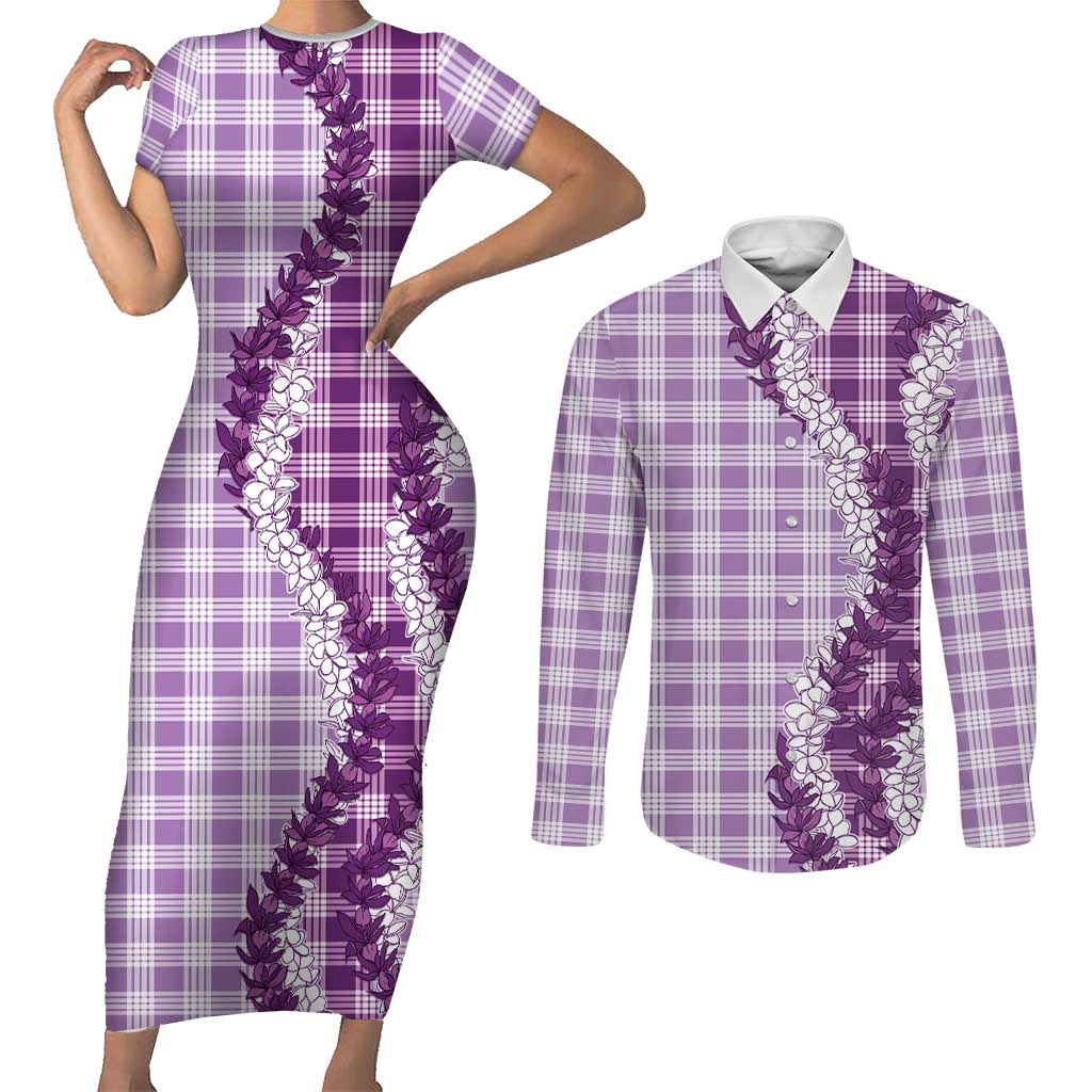 Violet Hawaii Palaka Couples Matching Short Sleeve Bodycon Dress and Long Sleeve Button Shirt Hawaiian Honohono Lei