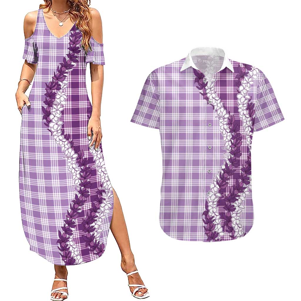 Violet Hawaii Palaka Couples Matching Summer Maxi Dress and Hawaiian Shirt Hawaiian Honohono Lei
