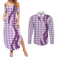 Violet Hawaii Palaka Couples Matching Summer Maxi Dress and Long Sleeve Button Shirt Hawaiian Honohono Lei