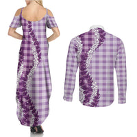 Violet Hawaii Palaka Couples Matching Summer Maxi Dress and Long Sleeve Button Shirt Hawaiian Honohono Lei