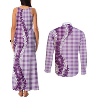 Violet Hawaii Palaka Couples Matching Tank Maxi Dress and Long Sleeve Button Shirt Hawaiian Honohono Lei