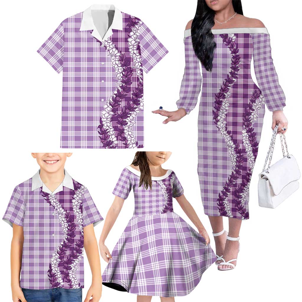 Violet Hawaii Palaka Family Matching Off The Shoulder Long Sleeve Dress and Hawaiian Shirt Hawaiian Honohono Lei