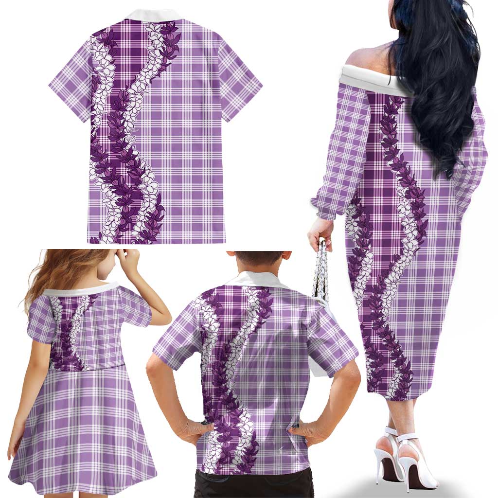 Violet Hawaii Palaka Family Matching Off The Shoulder Long Sleeve Dress and Hawaiian Shirt Hawaiian Honohono Lei