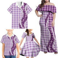 Violet Hawaii Palaka Family Matching Off Shoulder Maxi Dress and Hawaiian Shirt Hawaiian Honohono Lei