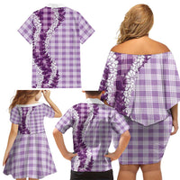 Violet Hawaii Palaka Family Matching Off Shoulder Short Dress and Hawaiian Shirt Hawaiian Honohono Lei