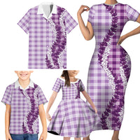Violet Hawaii Palaka Family Matching Short Sleeve Bodycon Dress and Hawaiian Shirt Hawaiian Honohono Lei