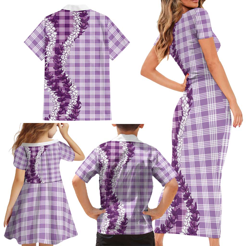 Violet Hawaii Palaka Family Matching Short Sleeve Bodycon Dress and Hawaiian Shirt Hawaiian Honohono Lei
