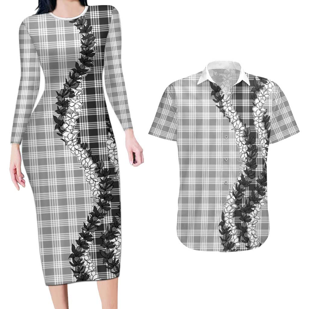 Gray Hawaii Palaka Couples Matching Long Sleeve Bodycon Dress and Hawaiian Shirt Hawaiian Honohono Lei