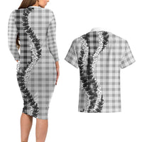 Gray Hawaii Palaka Couples Matching Long Sleeve Bodycon Dress and Hawaiian Shirt Hawaiian Honohono Lei