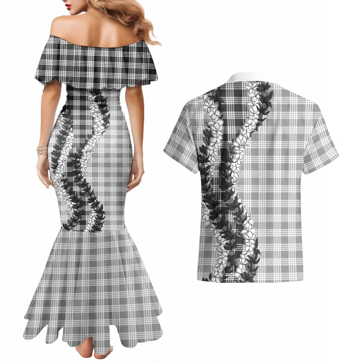 Gray Hawaii Palaka Couples Matching Mermaid Dress and Hawaiian Shirt Hawaiian Honohono Lei