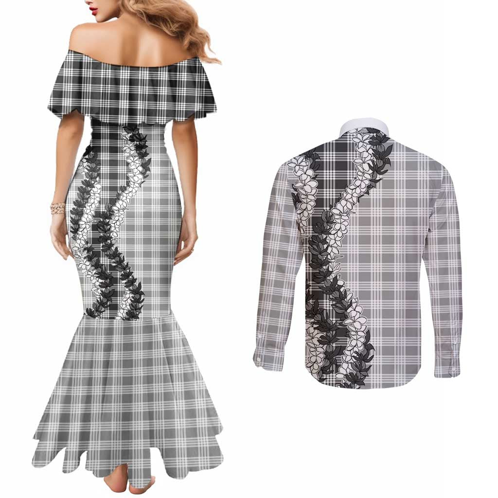Gray Hawaii Palaka Couples Matching Mermaid Dress and Long Sleeve Button Shirt Hawaiian Honohono Lei