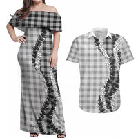 Gray Hawaii Palaka Couples Matching Off Shoulder Maxi Dress and Hawaiian Shirt Hawaiian Honohono Lei
