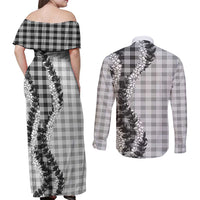 Gray Hawaii Palaka Couples Matching Off Shoulder Maxi Dress and Long Sleeve Button Shirt Hawaiian Honohono Lei