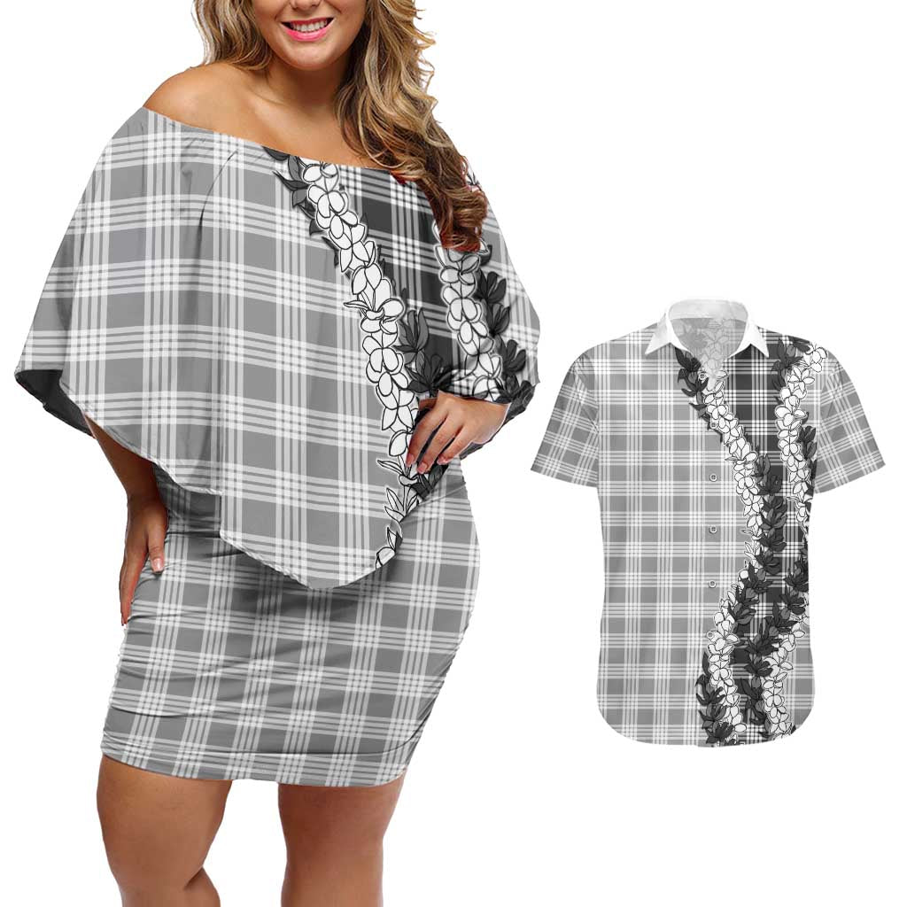 Gray Hawaii Palaka Couples Matching Off Shoulder Short Dress and Hawaiian Shirt Hawaiian Honohono Lei