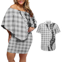Gray Hawaii Palaka Couples Matching Off Shoulder Short Dress and Hawaiian Shirt Hawaiian Honohono Lei