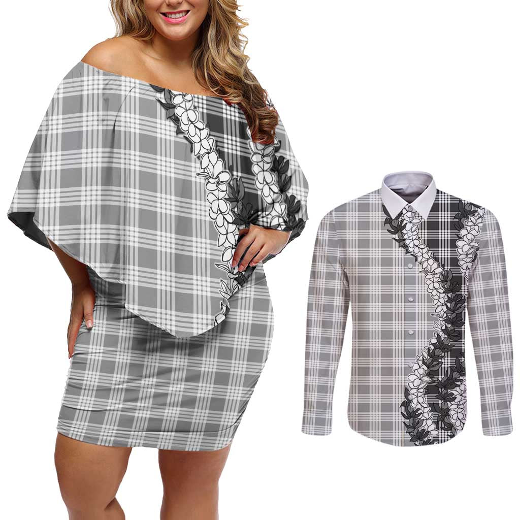 Gray Hawaii Palaka Couples Matching Off Shoulder Short Dress and Long Sleeve Button Shirt Hawaiian Honohono Lei