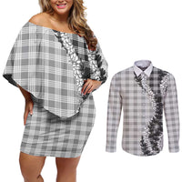 Gray Hawaii Palaka Couples Matching Off Shoulder Short Dress and Long Sleeve Button Shirt Hawaiian Honohono Lei