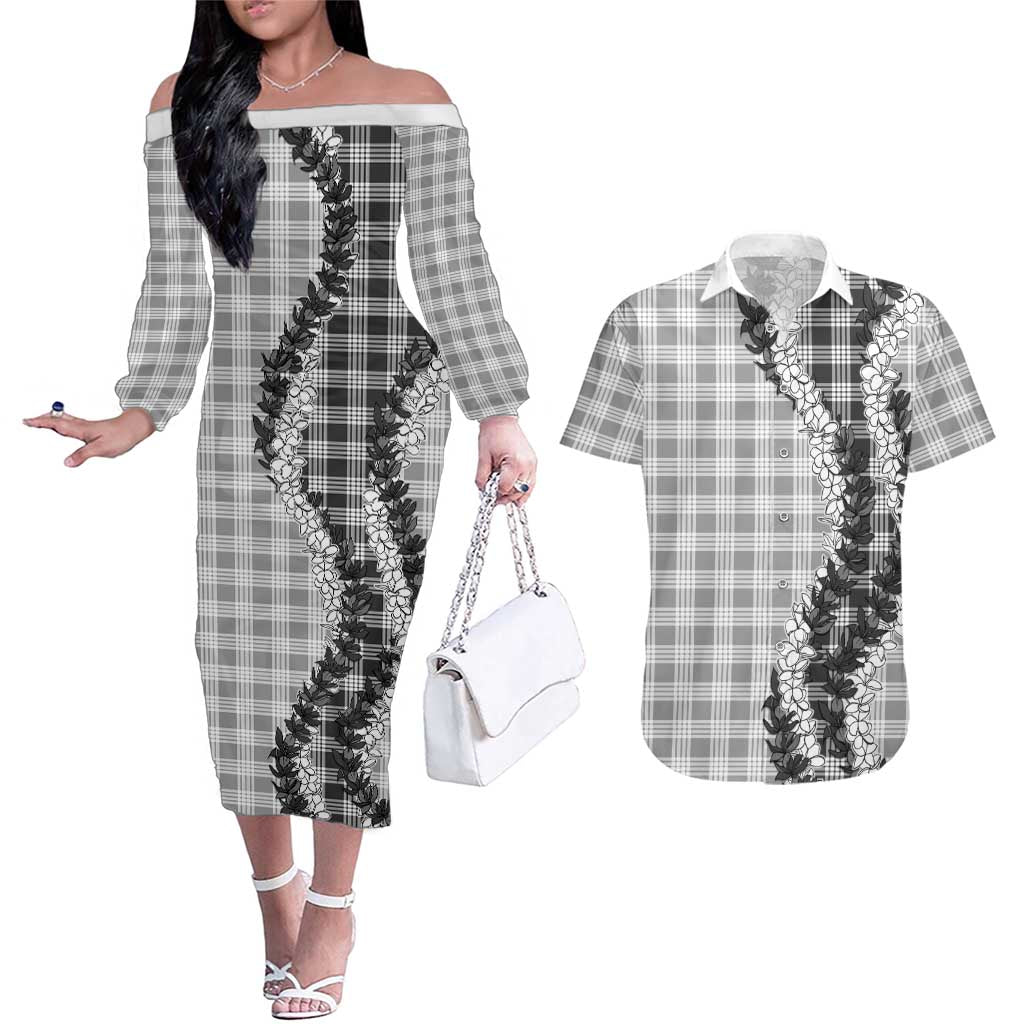 Gray Hawaii Palaka Couples Matching Off The Shoulder Long Sleeve Dress and Hawaiian Shirt Hawaiian Honohono Lei
