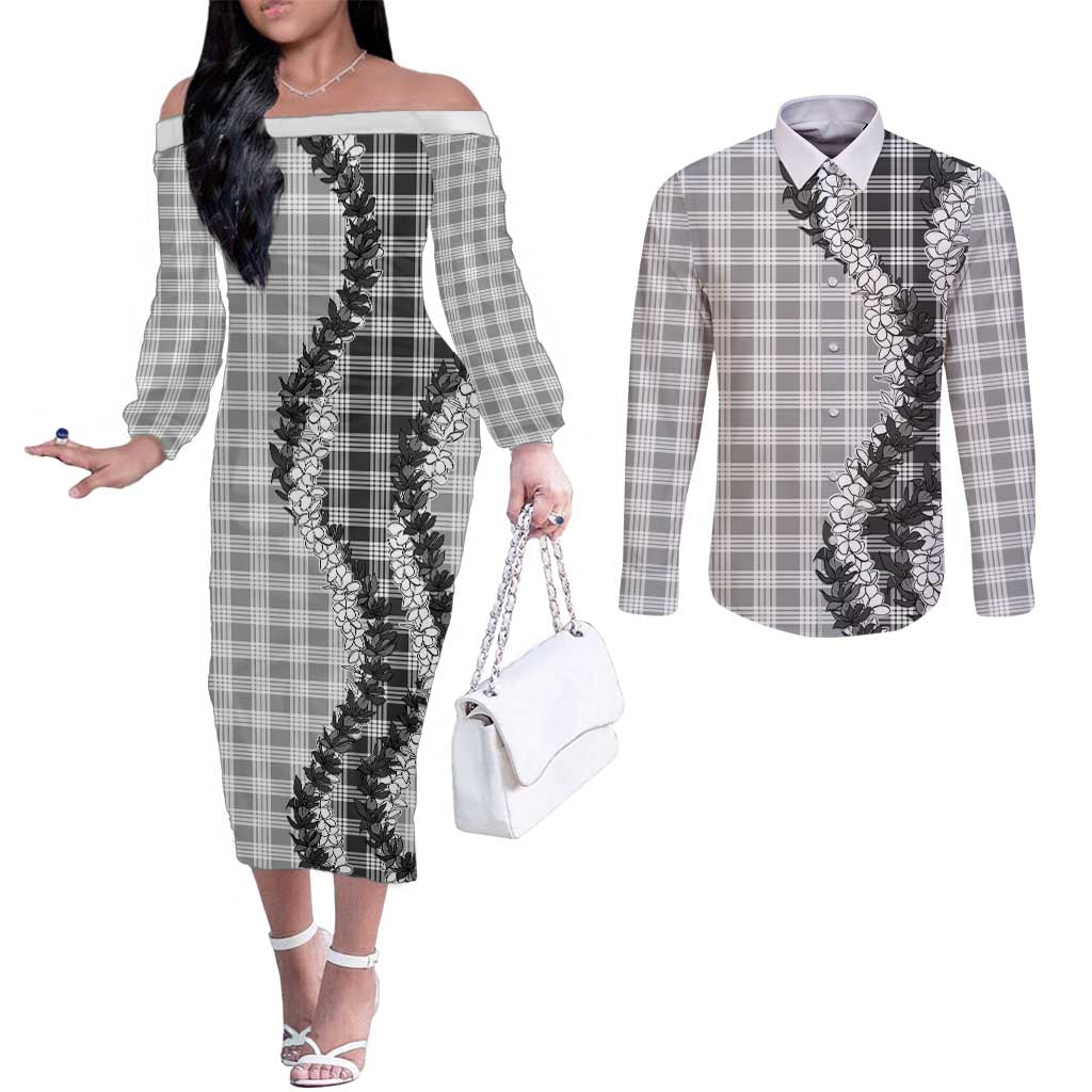 Gray Hawaii Palaka Couples Matching Off The Shoulder Long Sleeve Dress and Long Sleeve Button Shirt Hawaiian Honohono Lei