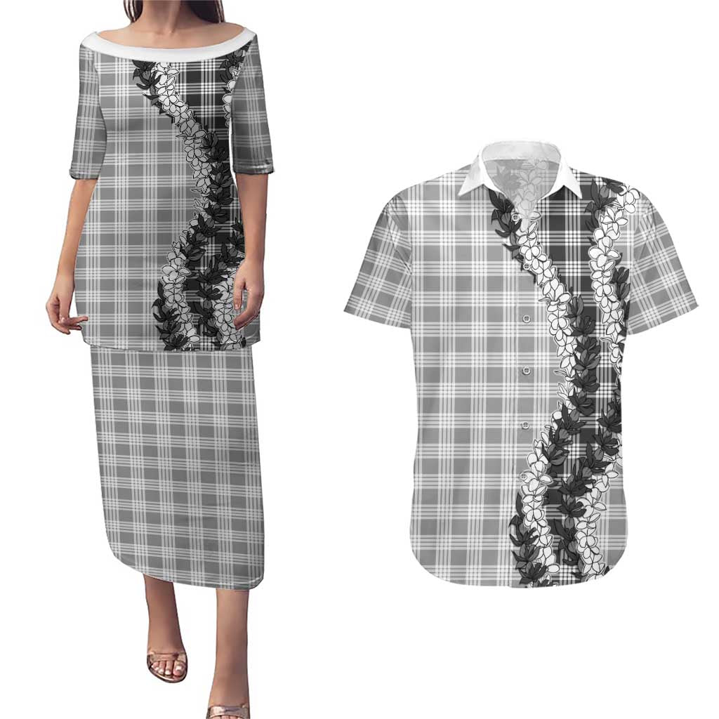 Gray Hawaii Palaka Couples Matching Puletasi and Hawaiian Shirt Hawaiian Honohono Lei