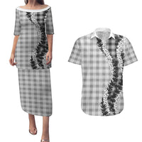 Gray Hawaii Palaka Couples Matching Puletasi and Hawaiian Shirt Hawaiian Honohono Lei