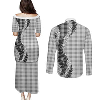 Gray Hawaii Palaka Couples Matching Puletasi and Long Sleeve Button Shirt Hawaiian Honohono Lei