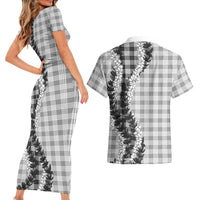 Gray Hawaii Palaka Couples Matching Short Sleeve Bodycon Dress and Hawaiian Shirt Hawaiian Honohono Lei