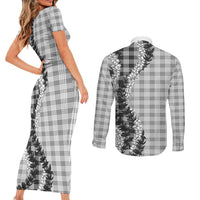 Gray Hawaii Palaka Couples Matching Short Sleeve Bodycon Dress and Long Sleeve Button Shirt Hawaiian Honohono Lei