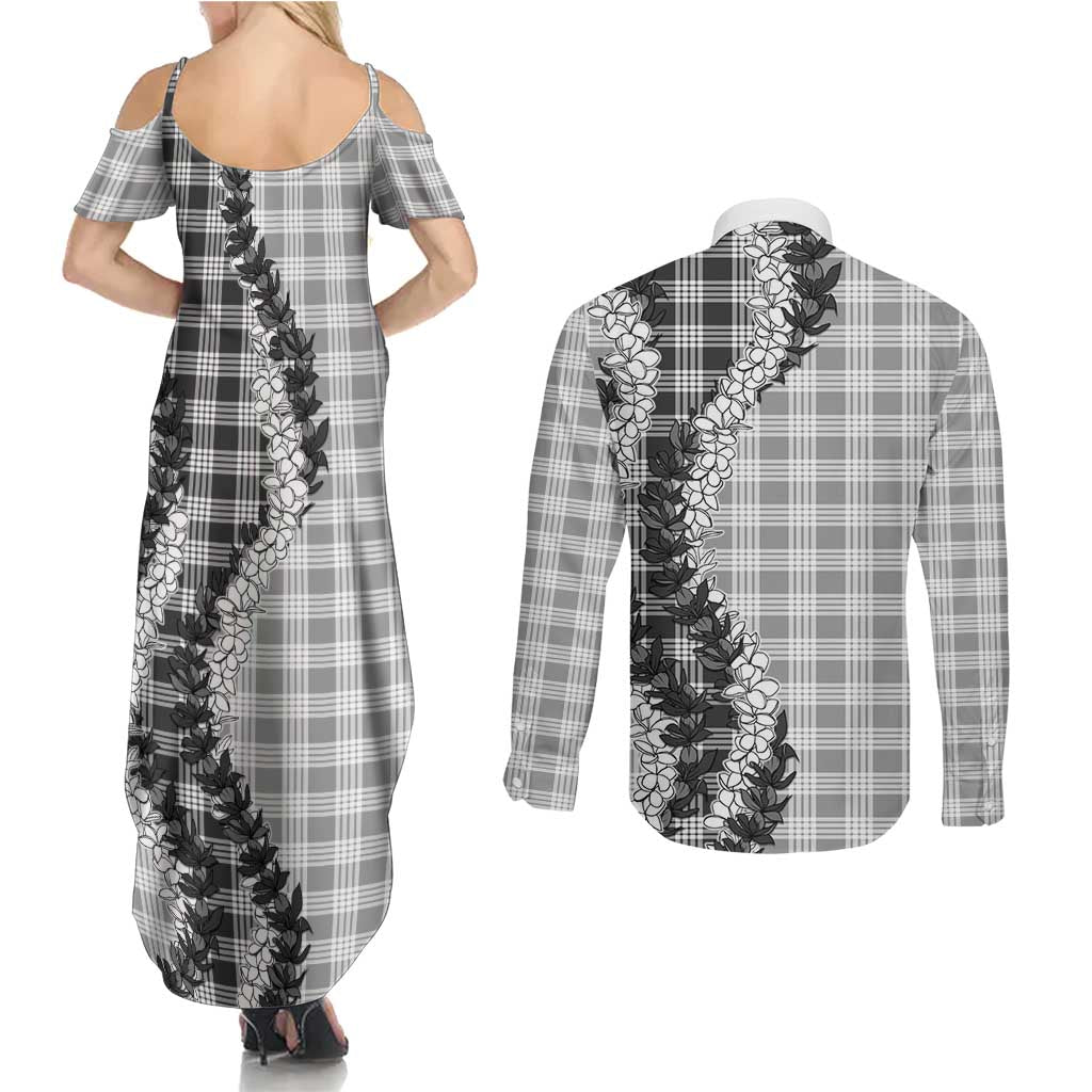 Gray Hawaii Palaka Couples Matching Summer Maxi Dress and Long Sleeve Button Shirt Hawaiian Honohono Lei