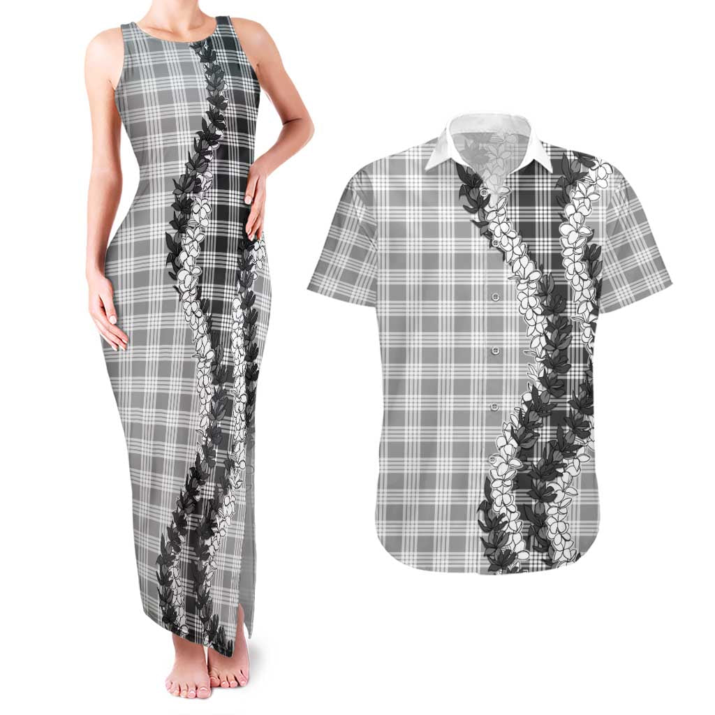 Gray Hawaii Palaka Couples Matching Tank Maxi Dress and Hawaiian Shirt Hawaiian Honohono Lei