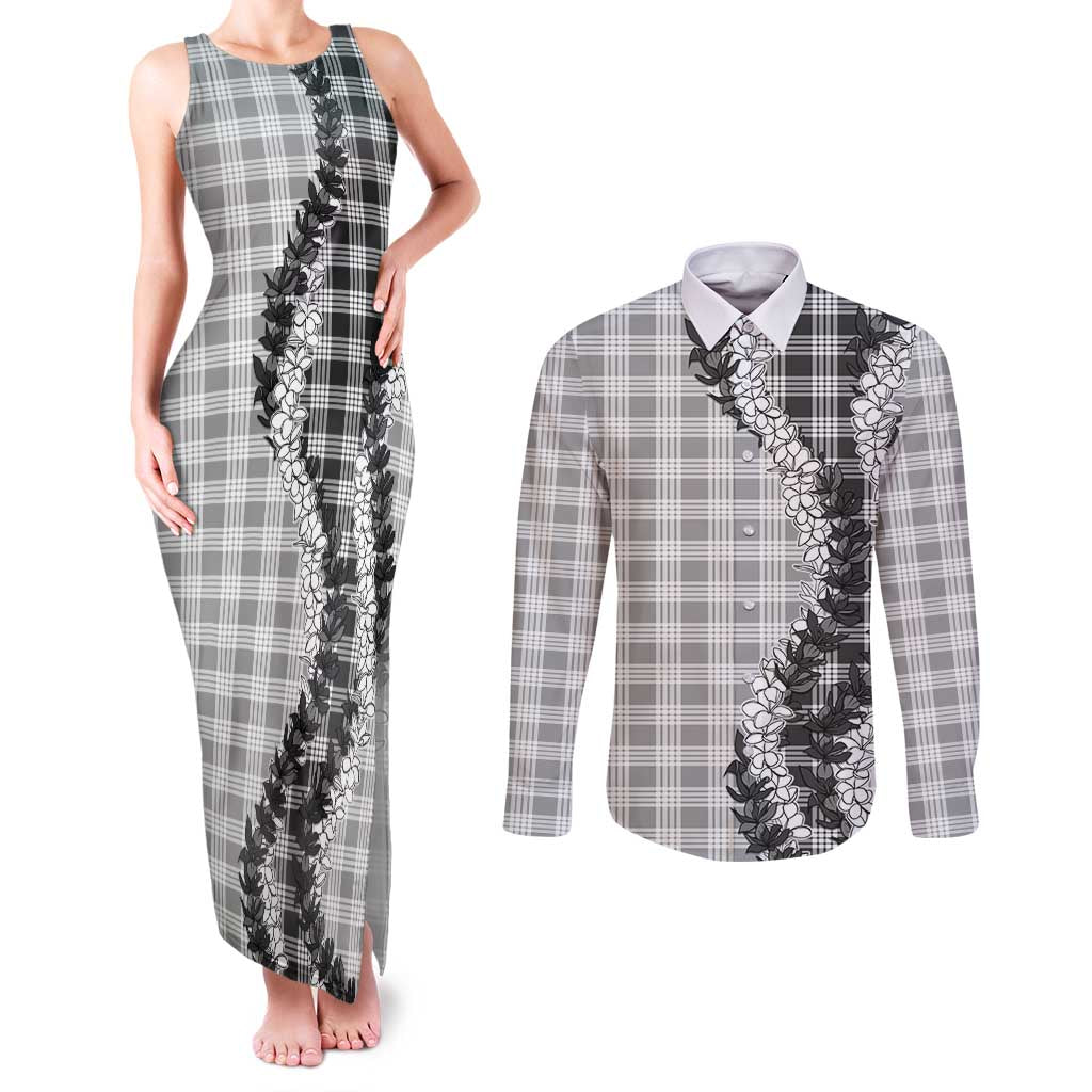 Gray Hawaii Palaka Couples Matching Tank Maxi Dress and Long Sleeve Button Shirt Hawaiian Honohono Lei