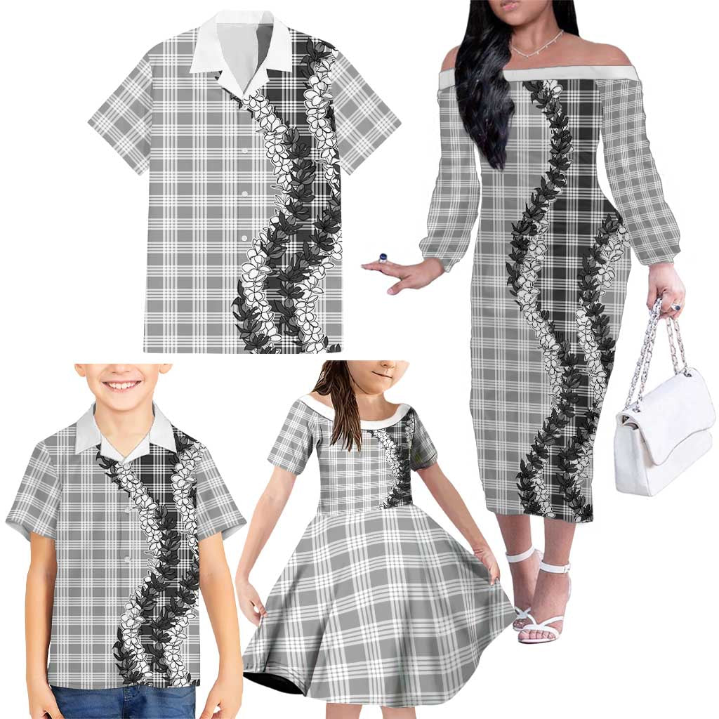 Gray Hawaii Palaka Family Matching Off The Shoulder Long Sleeve Dress and Hawaiian Shirt Hawaiian Honohono Lei