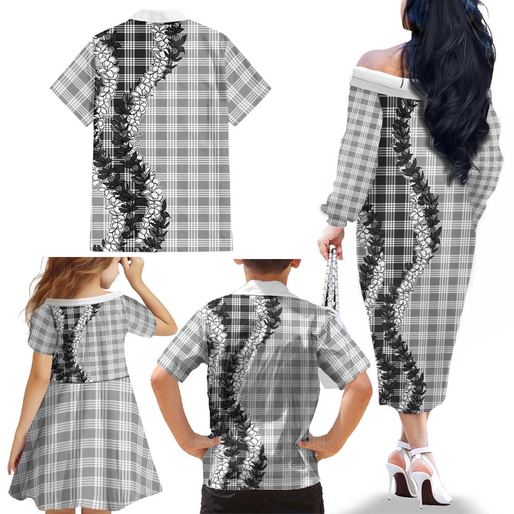 Gray Hawaii Palaka Family Matching Off The Shoulder Long Sleeve Dress and Hawaiian Shirt Hawaiian Honohono Lei
