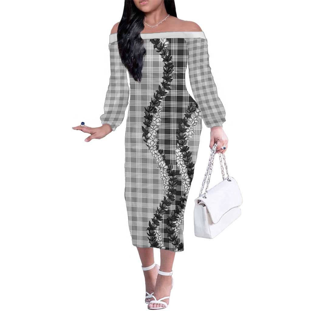 Gray Hawaii Palaka Family Matching Off The Shoulder Long Sleeve Dress and Hawaiian Shirt Hawaiian Honohono Lei