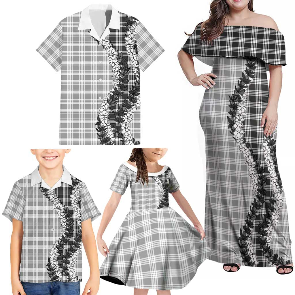 Gray Hawaii Palaka Family Matching Off Shoulder Maxi Dress and Hawaiian Shirt Hawaiian Honohono Lei