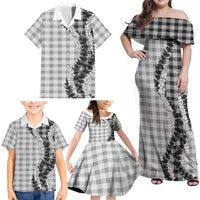 Gray Hawaii Palaka Family Matching Off Shoulder Maxi Dress and Hawaiian Shirt Hawaiian Honohono Lei