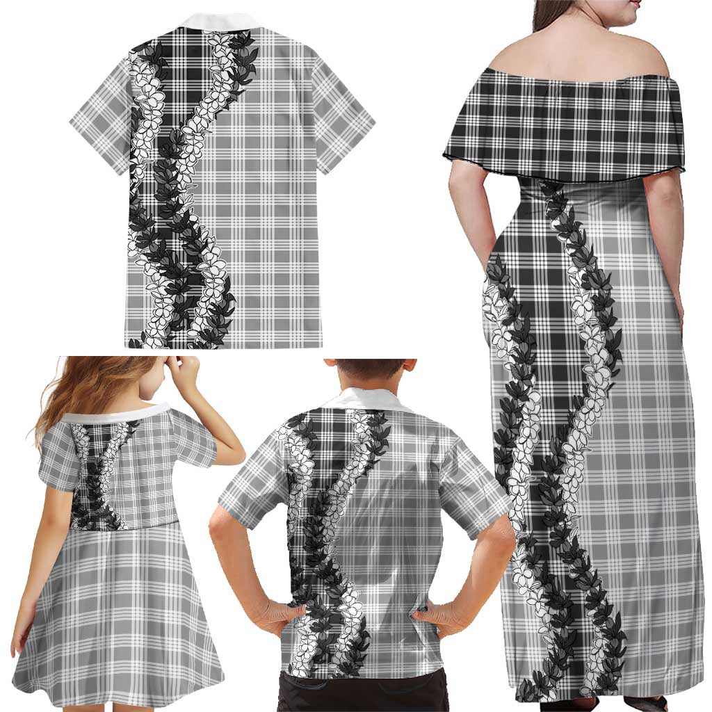 Gray Hawaii Palaka Family Matching Off Shoulder Maxi Dress and Hawaiian Shirt Hawaiian Honohono Lei