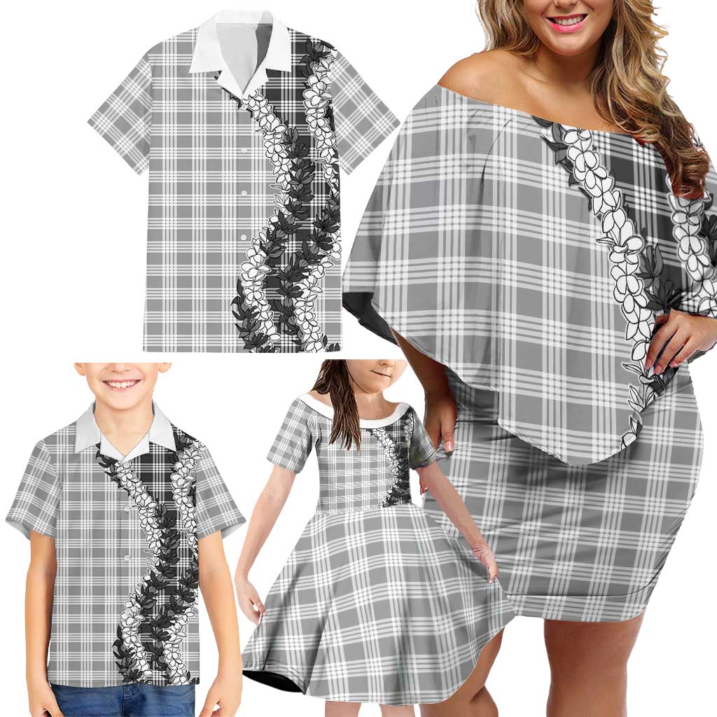 Gray Hawaii Palaka Family Matching Off Shoulder Short Dress and Hawaiian Shirt Hawaiian Honohono Lei