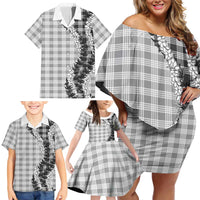 Gray Hawaii Palaka Family Matching Off Shoulder Short Dress and Hawaiian Shirt Hawaiian Honohono Lei