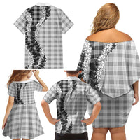 Gray Hawaii Palaka Family Matching Off Shoulder Short Dress and Hawaiian Shirt Hawaiian Honohono Lei