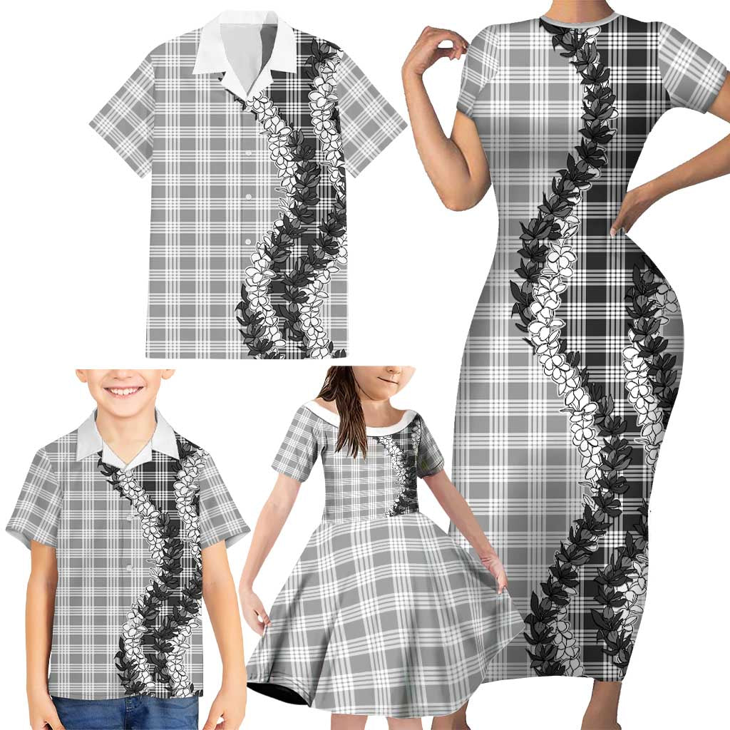 Gray Hawaii Palaka Family Matching Short Sleeve Bodycon Dress and Hawaiian Shirt Hawaiian Honohono Lei