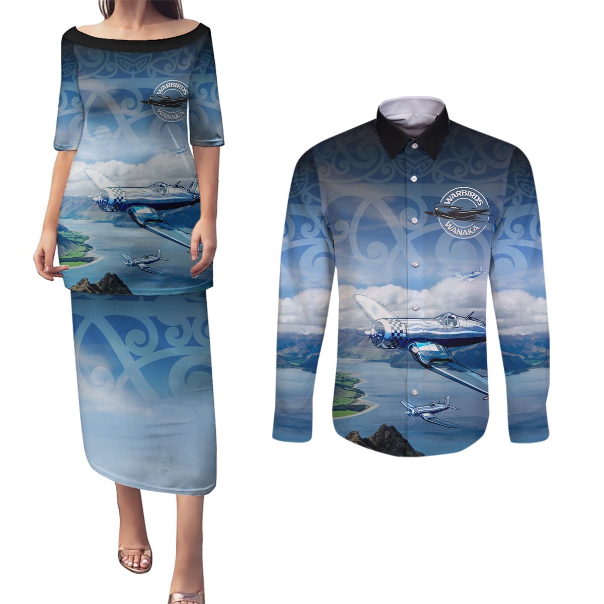 New Zealand Wanaka Air Show Couples Matching Puletasi and Long Sleeve Button Shirt With Maori Pattern LT05 Blue - Polynesian Pride