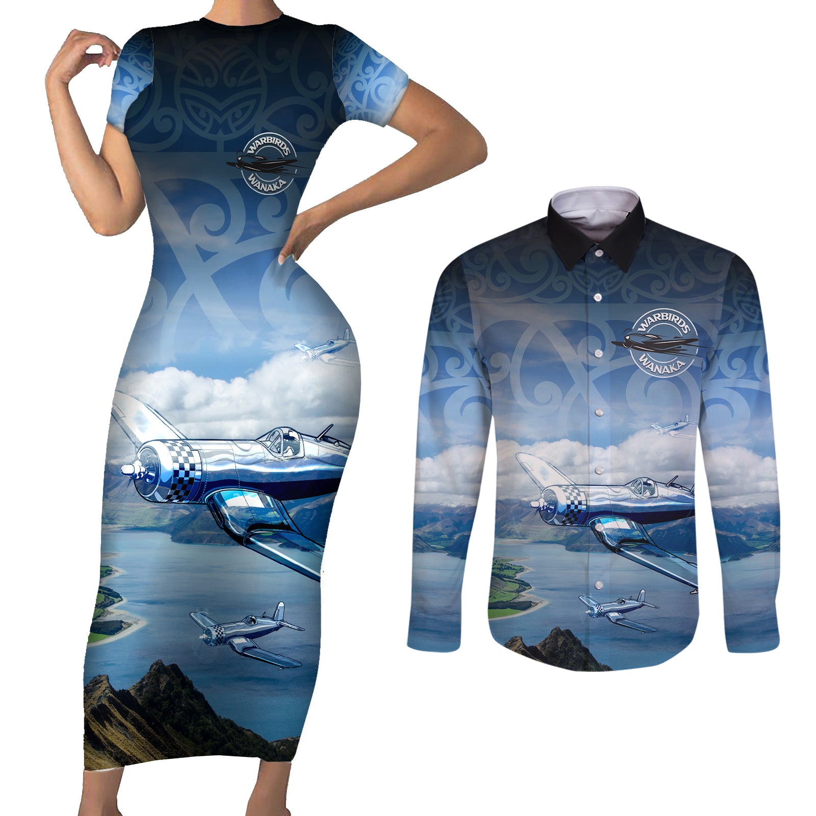 New Zealand Wanaka Air Show Couples Matching Short Sleeve Bodycon Dress and Long Sleeve Button Shirt With Maori Pattern LT05 Blue - Polynesian Pride