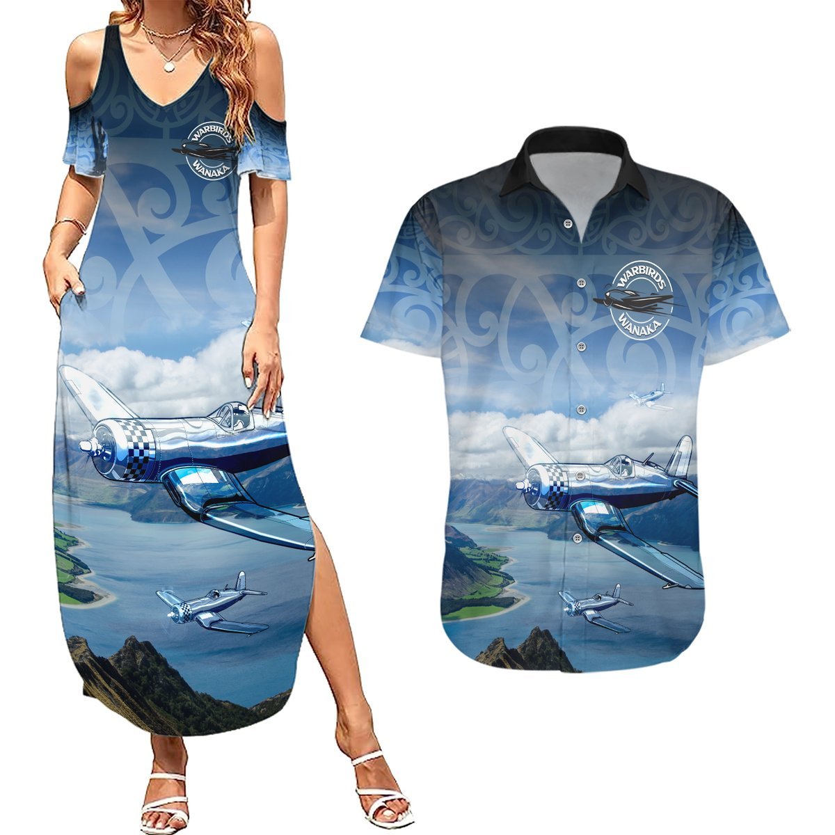 New Zealand Wanaka Air Show Couples Matching Summer Maxi Dress and Hawaiian Shirt With Maori Pattern LT05 Blue - Polynesian Pride