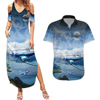New Zealand Wanaka Air Show Couples Matching Summer Maxi Dress and Hawaiian Shirt With Maori Pattern LT05 Blue - Polynesian Pride