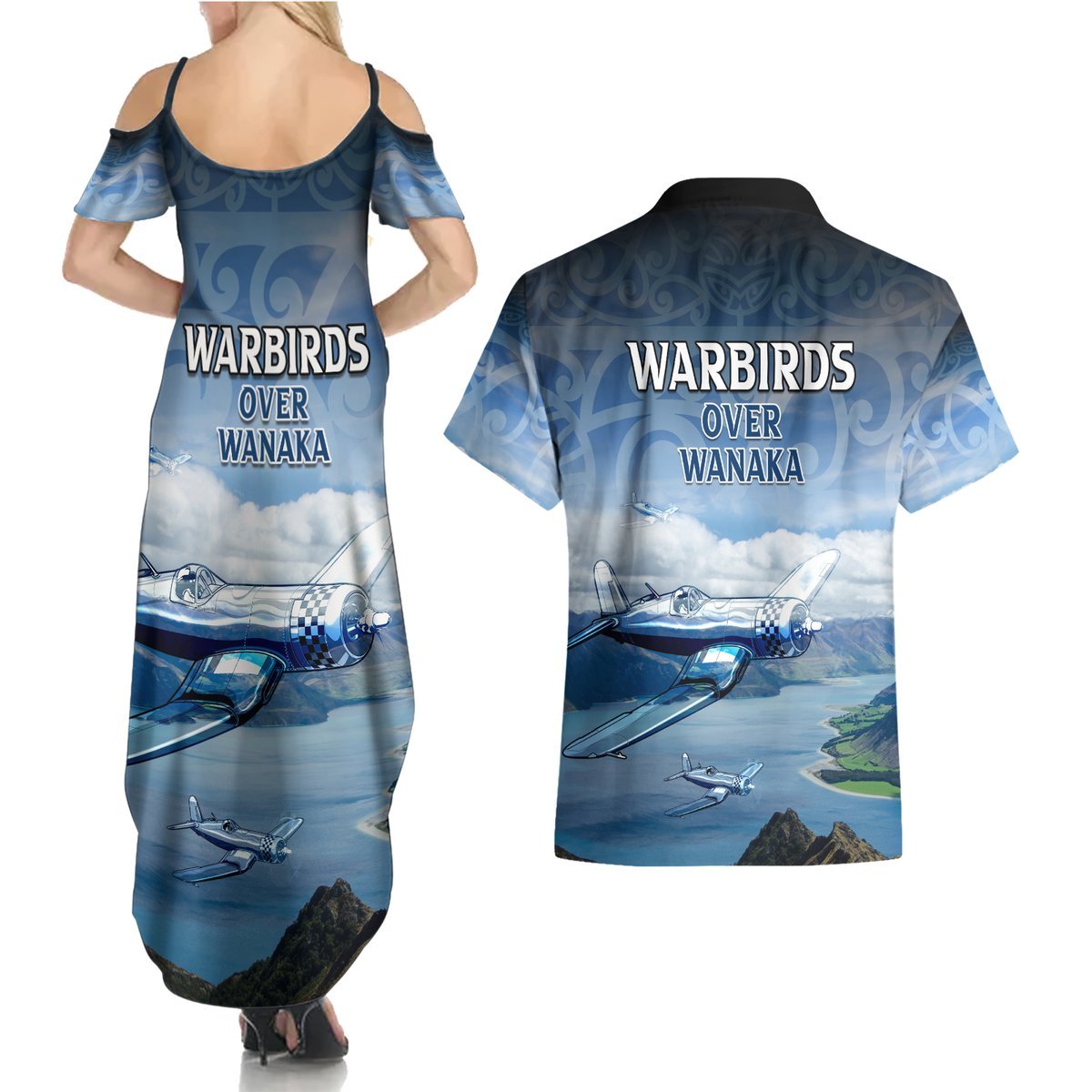 New Zealand Wanaka Air Show Couples Matching Summer Maxi Dress and Hawaiian Shirt With Maori Pattern LT05 - Polynesian Pride