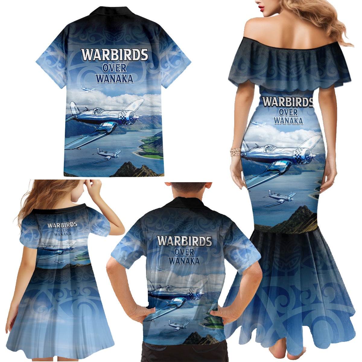 New Zealand Wanaka Air Show Family Matching Mermaid Dress and Hawaiian Shirt With Maori Pattern