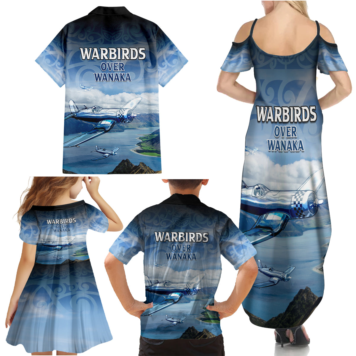 New Zealand Wanaka Air Show Family Matching Summer Maxi Dress and Hawaiian Shirt With Maori Pattern